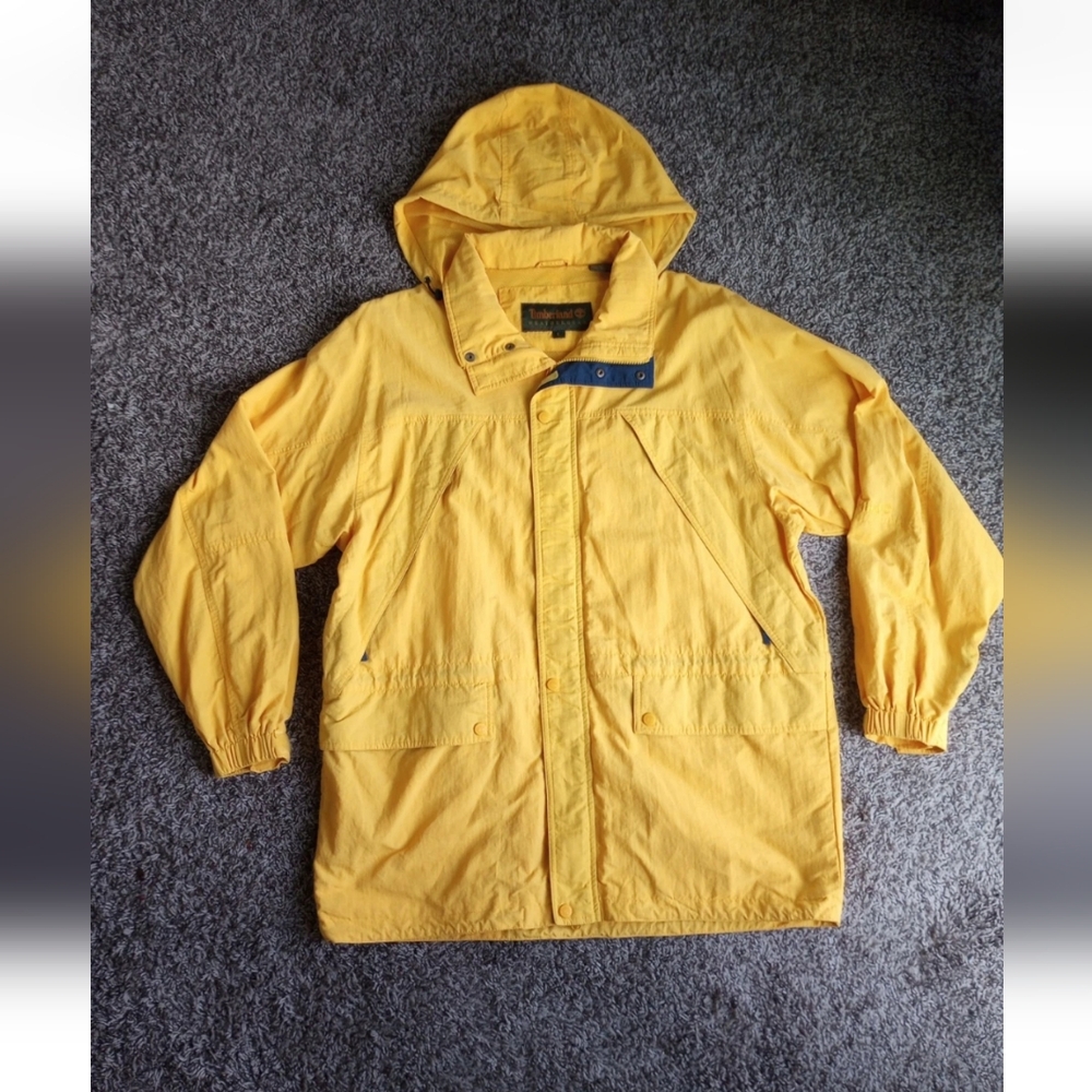 Timberland Weathergear Nylon Mens Yellow Hooded Jacket Size L Pockets Hooded